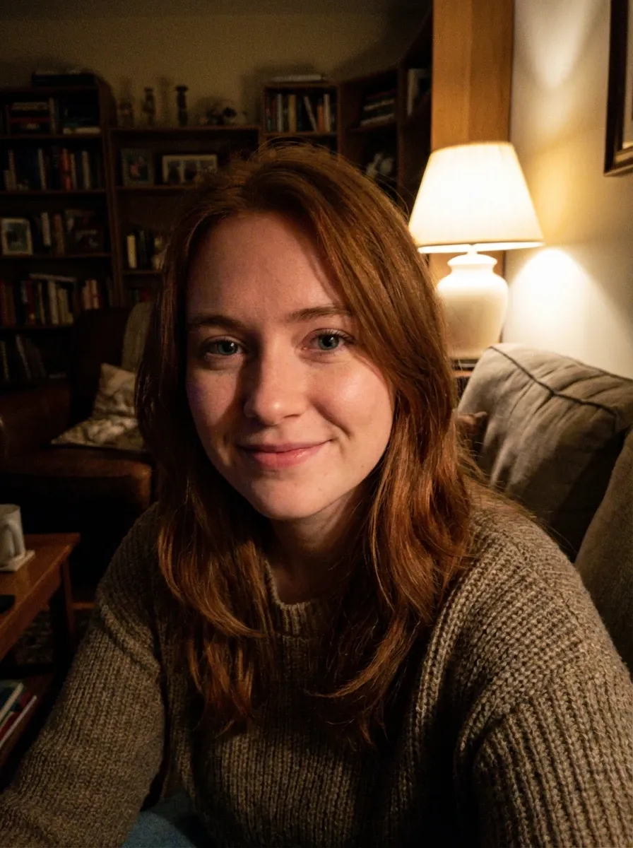 Home photo of a red-haired woman in a brown knit sweater sitting on a couch